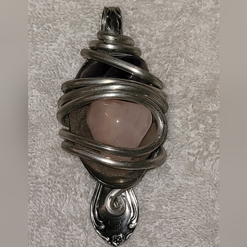 Amethyst & Rose Quartz Stone Spoon Thick Wire Wrapped Pendant Silvertone‎